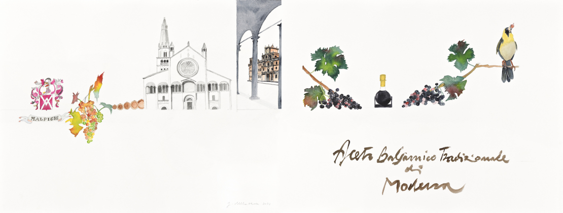 L'artista modenese Giuliano Della Casa sprigiona la sua dialettica di forma e colore in un acquerello realizzato per Acetaia Malpighi