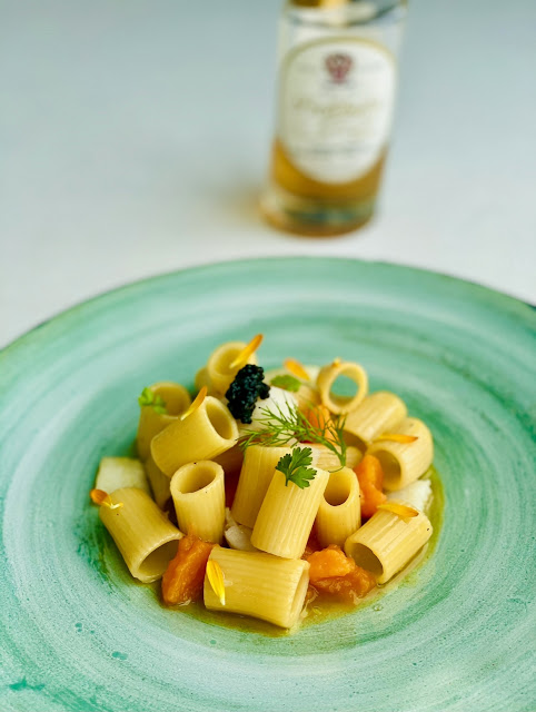 Mezzi rigatoni, baccalà, zucca e Condimento Bianco Prelibato Riserva